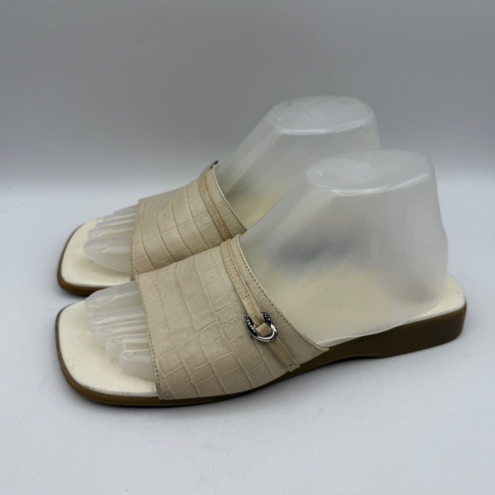 Brighton Bali Slide Sandals Women 8 Cream Croc Embossed Leather Square Toe Italy